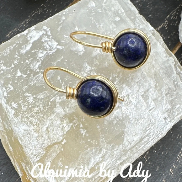 Lapis lazuli and gold spheres dangle earrings/minimalist - Picture 1 of 6